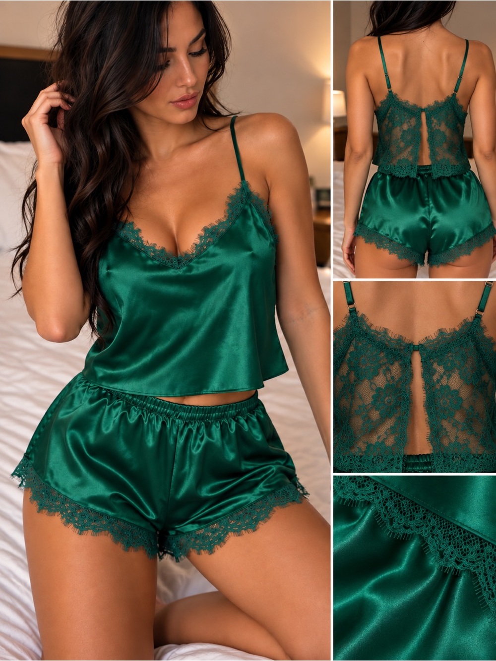 Lace-Trim Satin Cami & Shorts Pajama Set - Emerald Green